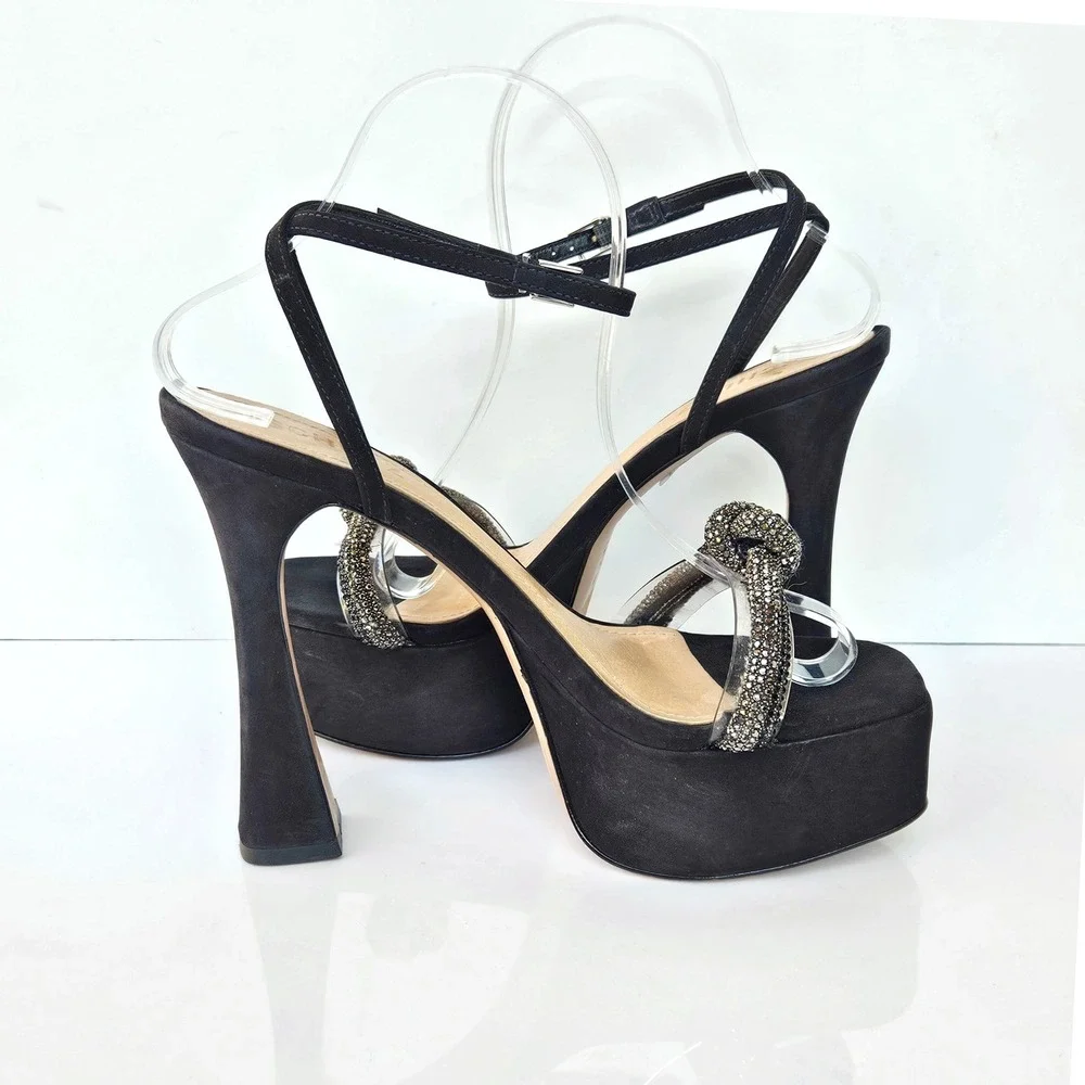 Schutz Peaky Black Suede Rhinestone Transparent Platform Sandal Heels Womens 7.5